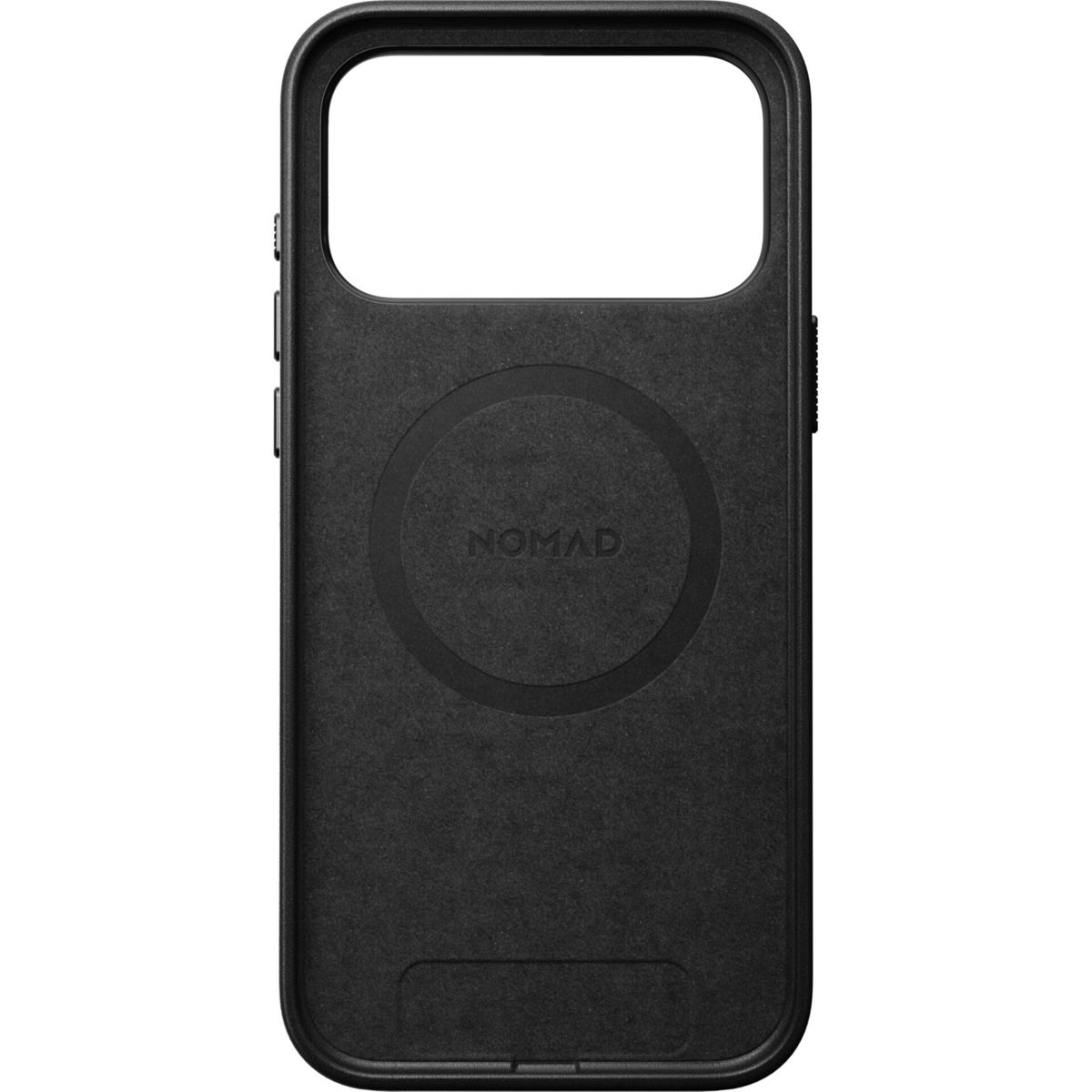 Schwarze Nomad-Smartphone-Hülle mit kreisförmigem MagSafe-Logo auf der Innenseite.