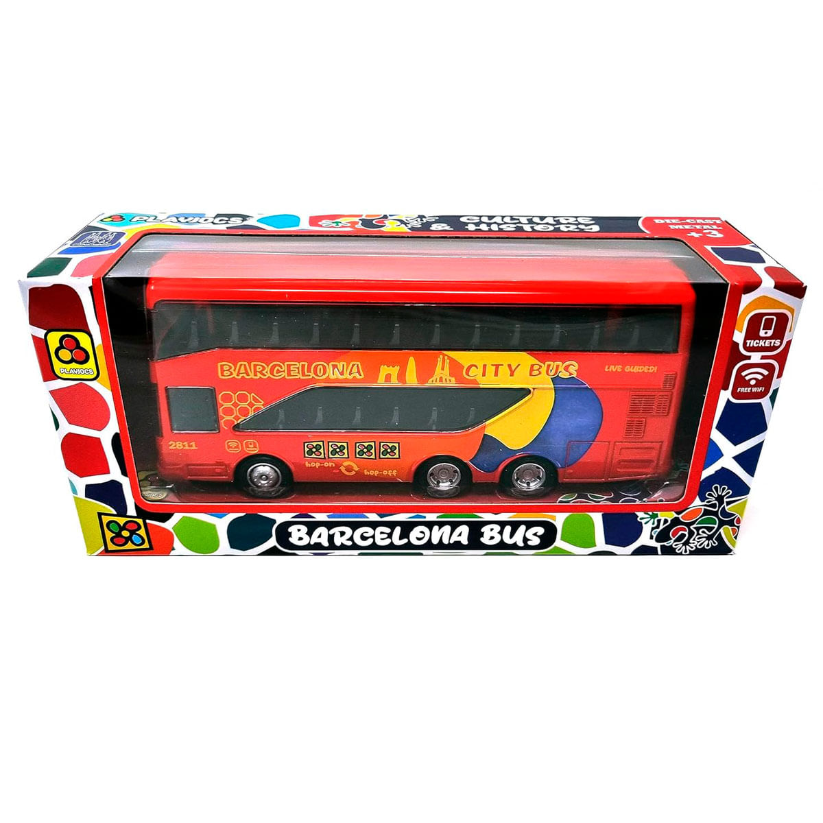 Un autobús de juguete Barcelona City Bus rojo en una caja colorida.
