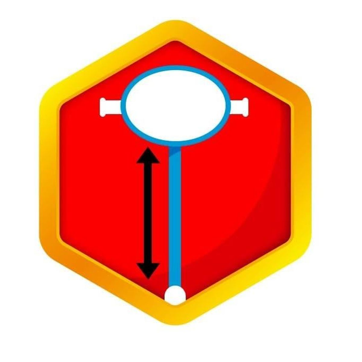 Un hexágono amarillo con interior rojo muestra un objeto de boceto azul y una flecha negra de doble punta.