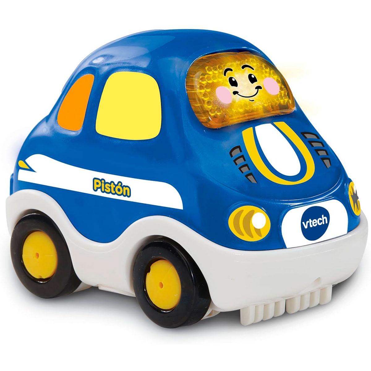 Un coche de juguete VTech azul con ruedas amarillas, detalles blancos y una cara sonriente en el parabrisas.