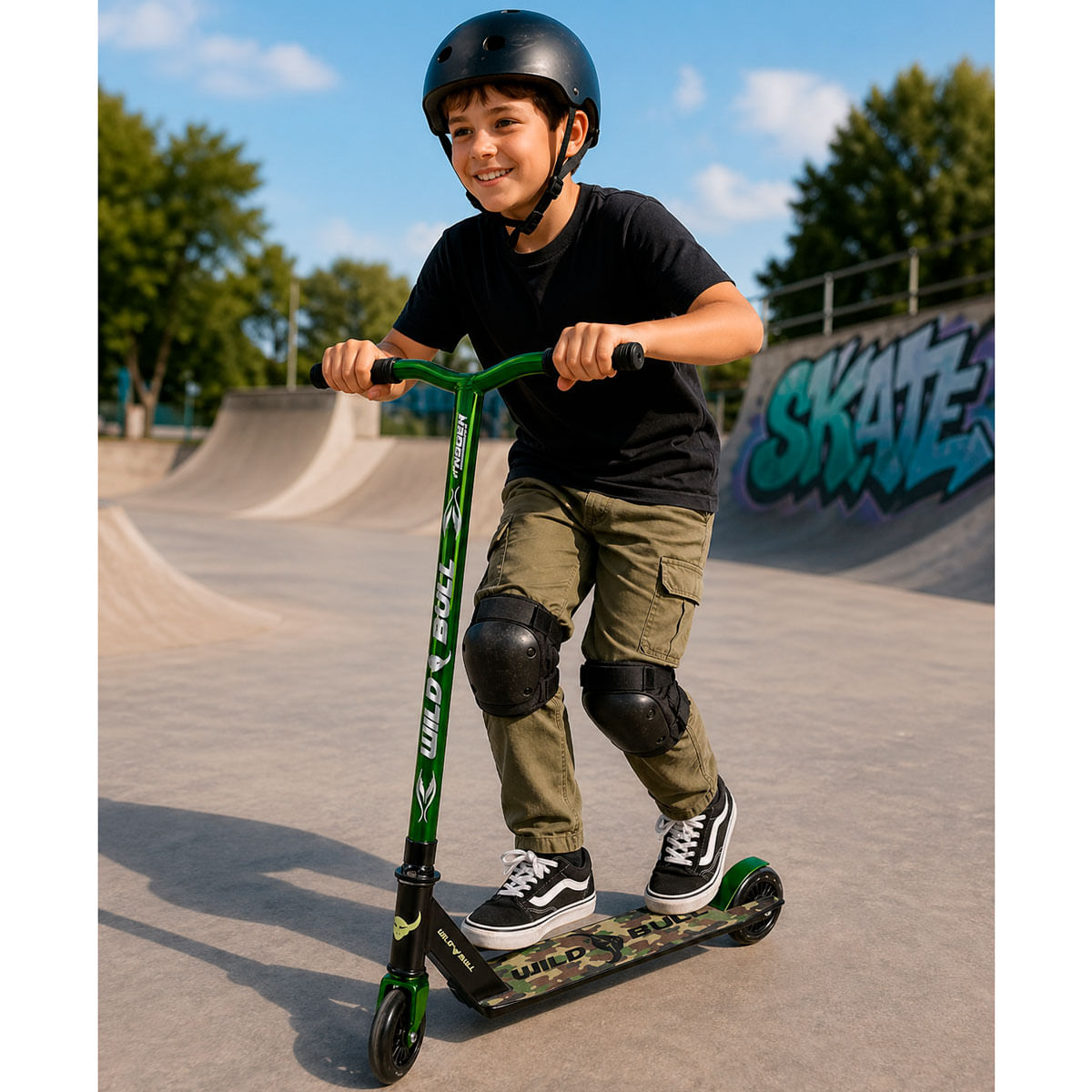 Un niño con casco y rodilleras monta felizmente en patinete en un skatepark.