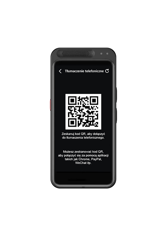 Czarny smartfon wyświetla biały kod QR z polskim tekstem instrukcji tłumaczenia.
