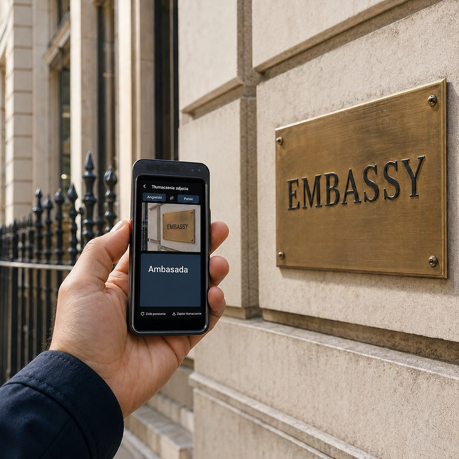 Ręka trzyma smartfon pokazujący przetłumaczone słowo Ambasada z napisu Embassy.