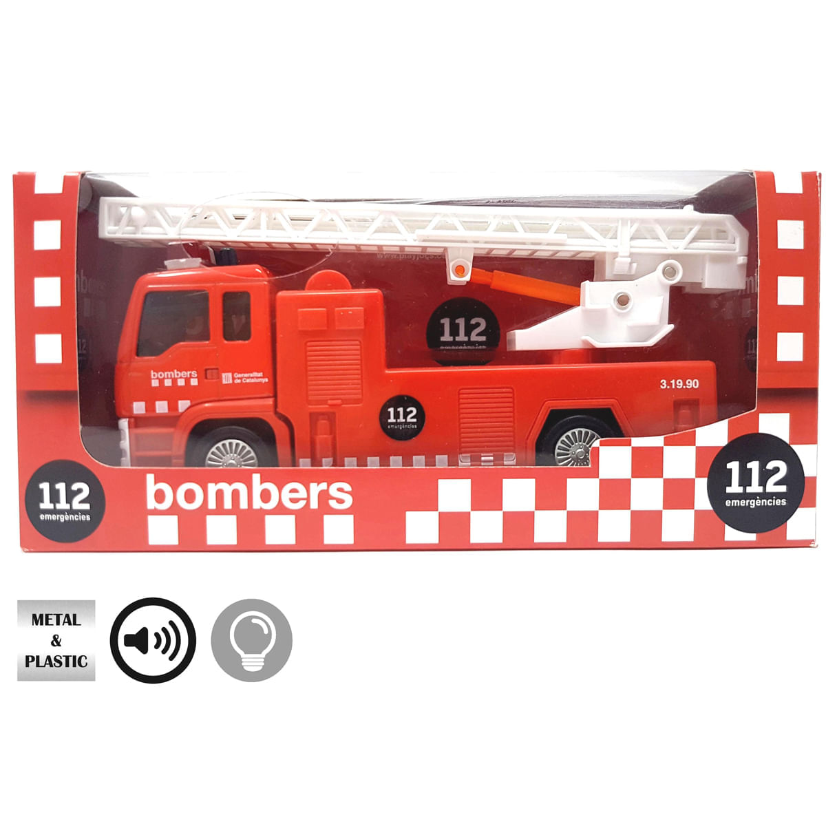 Coche de bomberos de juguete rojo con escalera blanca en caja roja y blanca con texto Bombers.