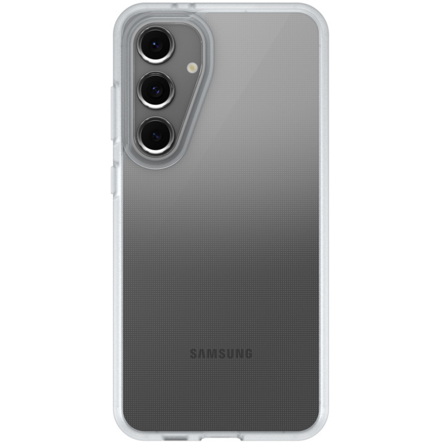 Retro di uno smartphone grigio in custodia trasparente con tre fotocamere verticali.