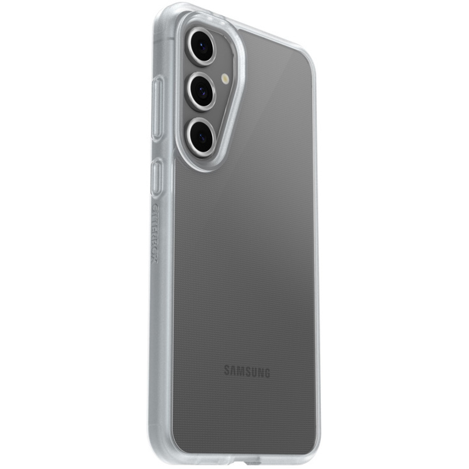 Una custodia trasparente su un telefono Samsung nero, con tre fotocamere posteriori.