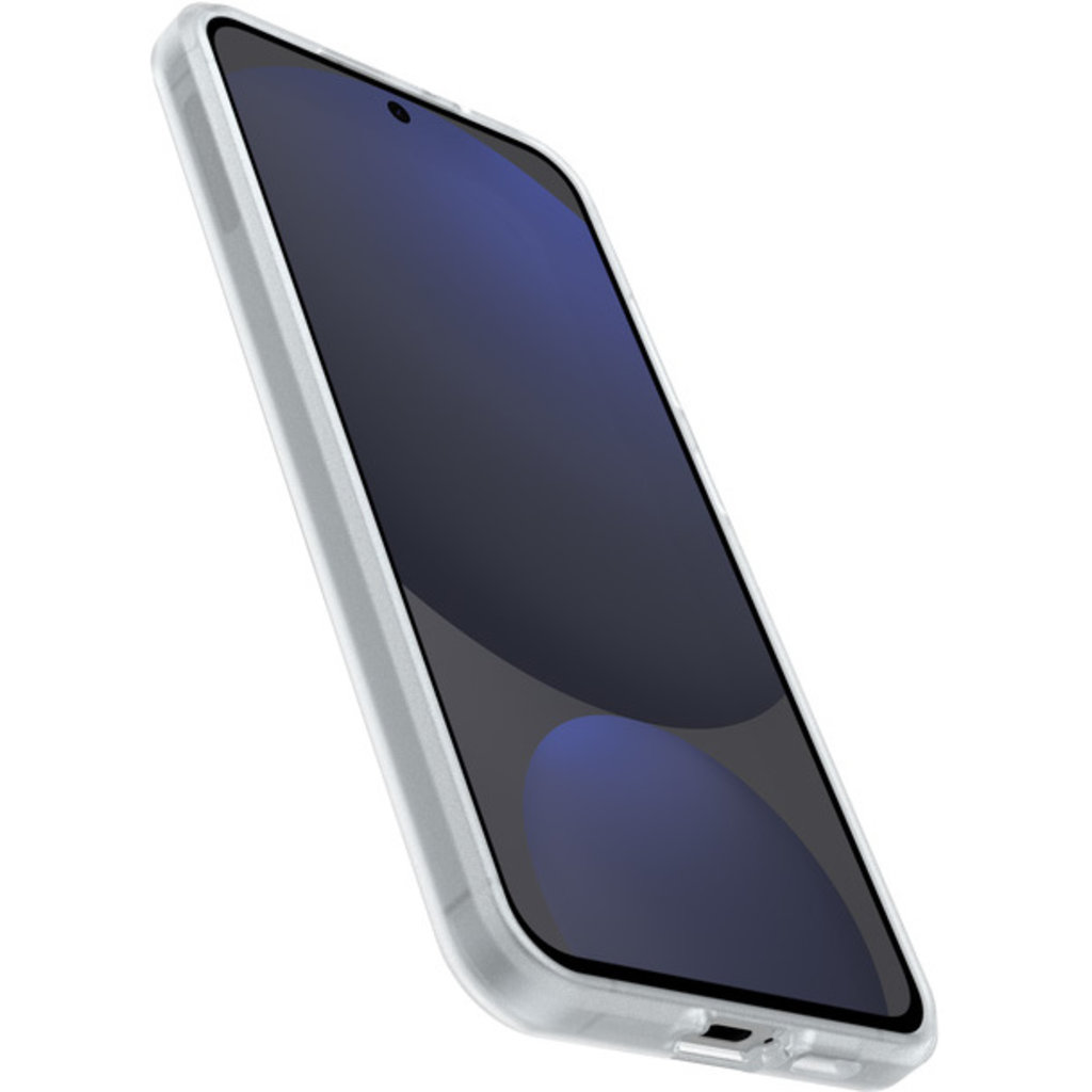 Uno smartphone in una custodia protettiva trasparente su sfondo bianco.
