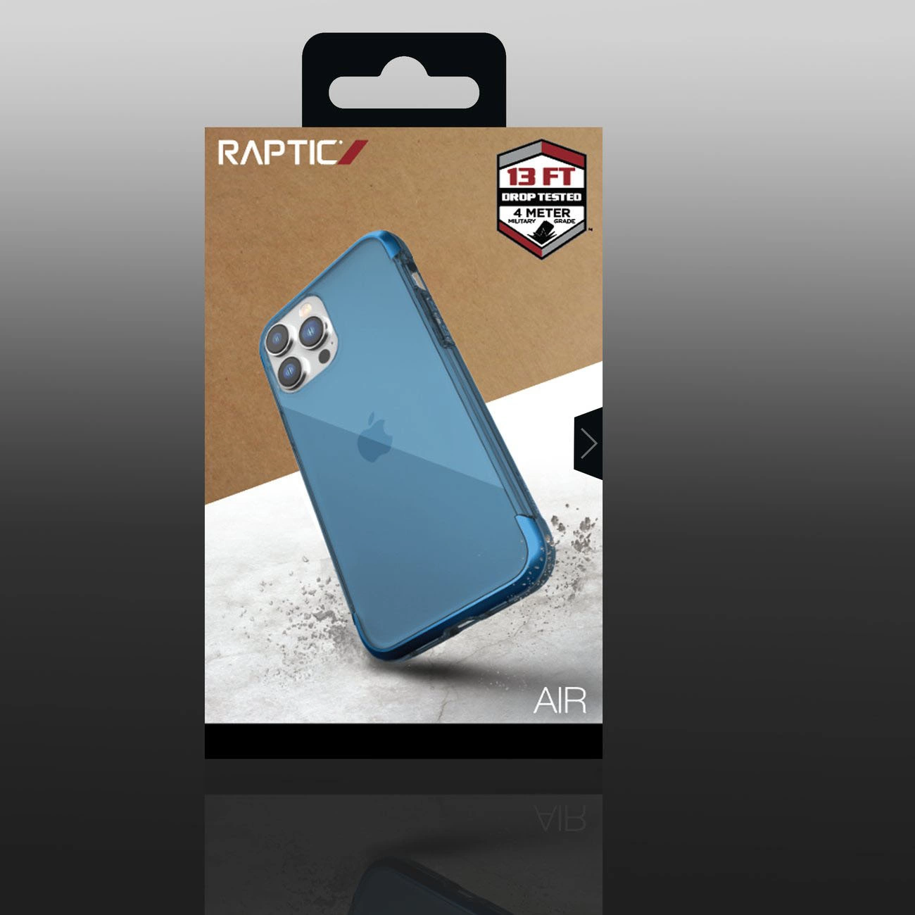 Confezione del prodotto Raptic Air con una custodia protettiva e uno smartphone blu a tripla fotocamera.