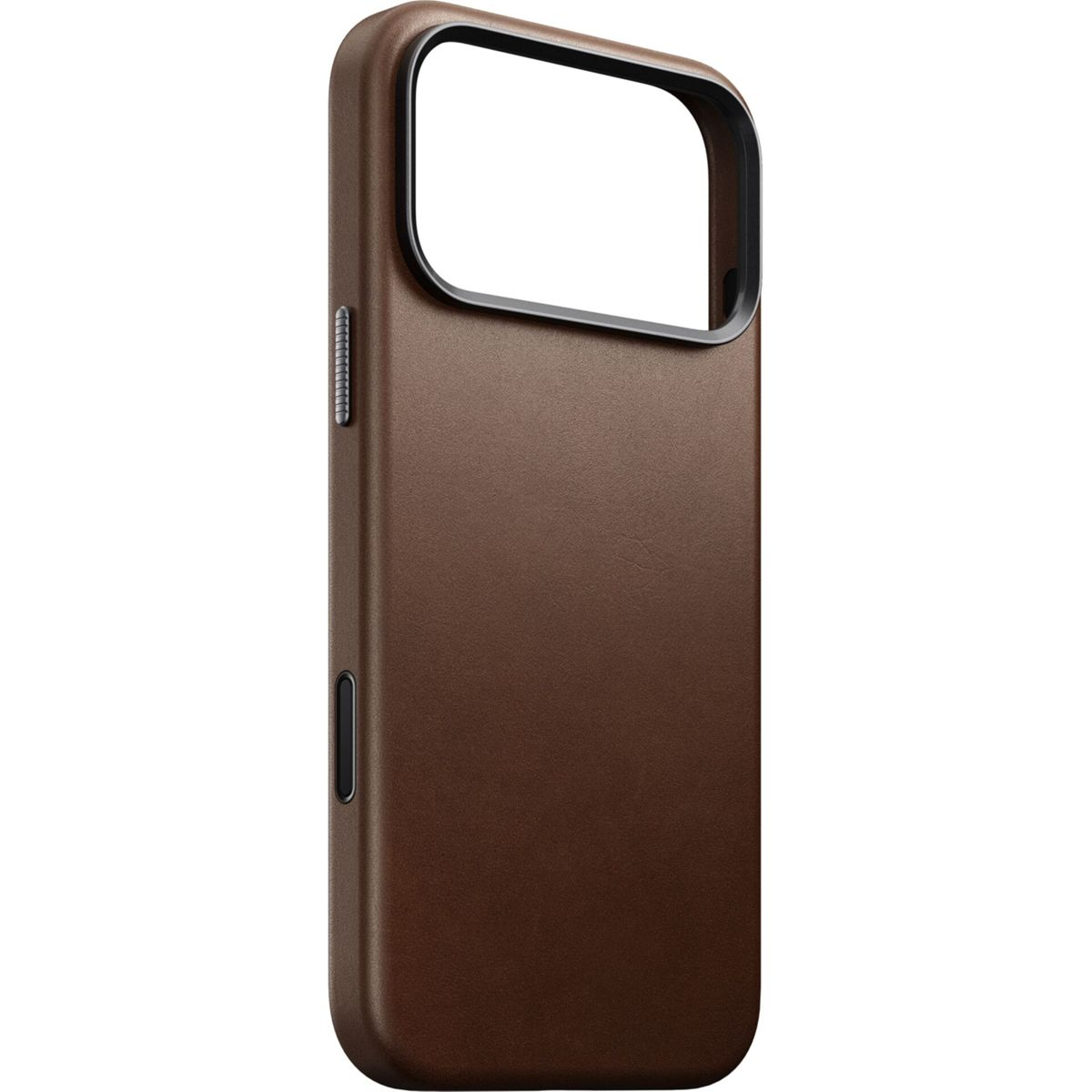 Eine braune Leder-Smartphone-Hülle mit schwarzem Kameraausschnitt und Seitentasten.