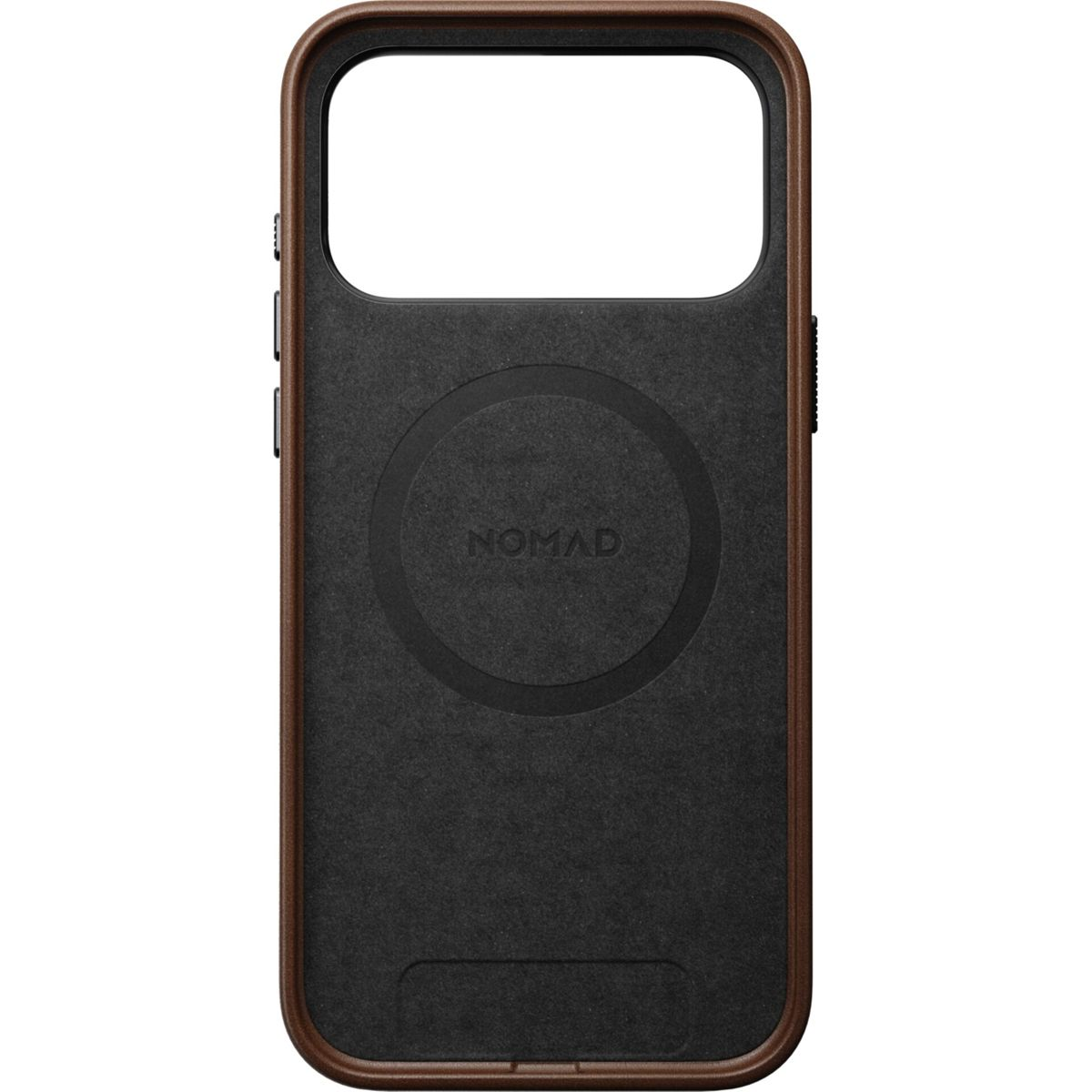 Die Innenseite einer braunen Leder Handyhülle mit schwarzem Innenfutter und Nomad Logo.