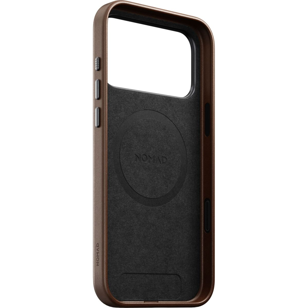 Braune Leder-Smartphone-Hülle mit schwarzem Innenfutter und eingeprägtem Nomad-Logo.