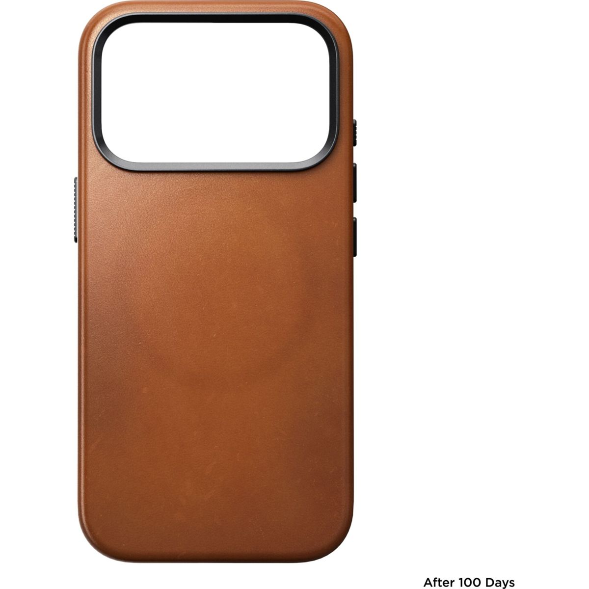 Ein braunes Leder-Smartphone-Etui mit schwarzem Kamerarand auf weißem Hintergrund.