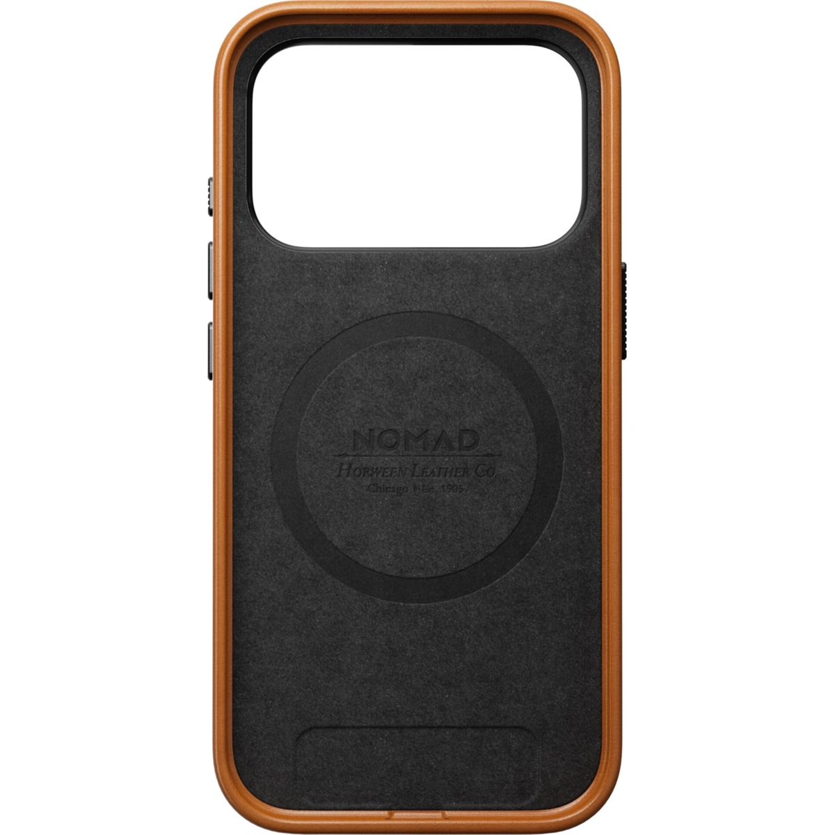 Innenseite einer braunen Leder-Handyhülle mit schwarzem Innenleben und geprägtem Nomad Horween Branding.