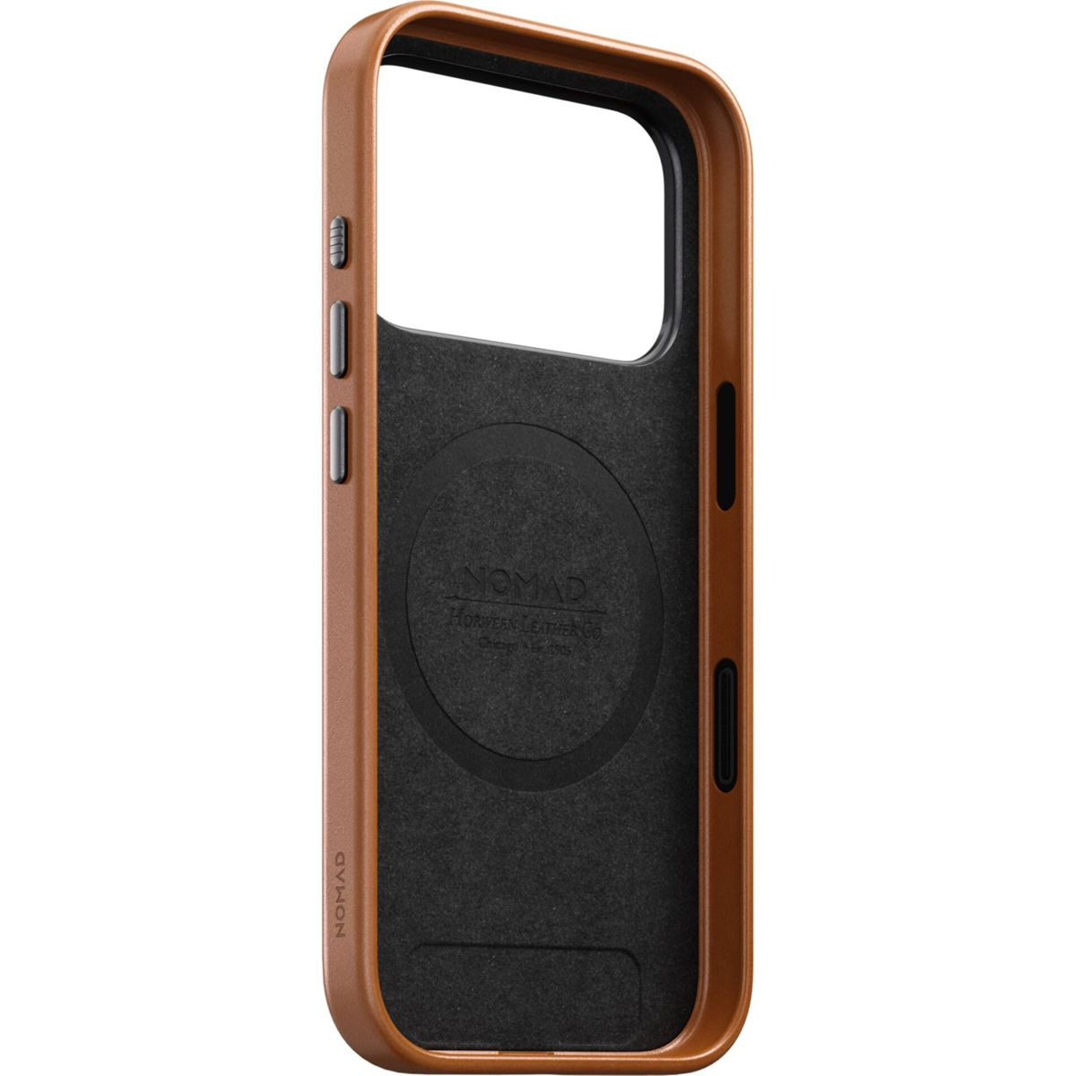 Eine braune Leder-Smartphone-Hülle mit schwarzem Mikrofaser-Innenfutter und MagSafe-Ring.