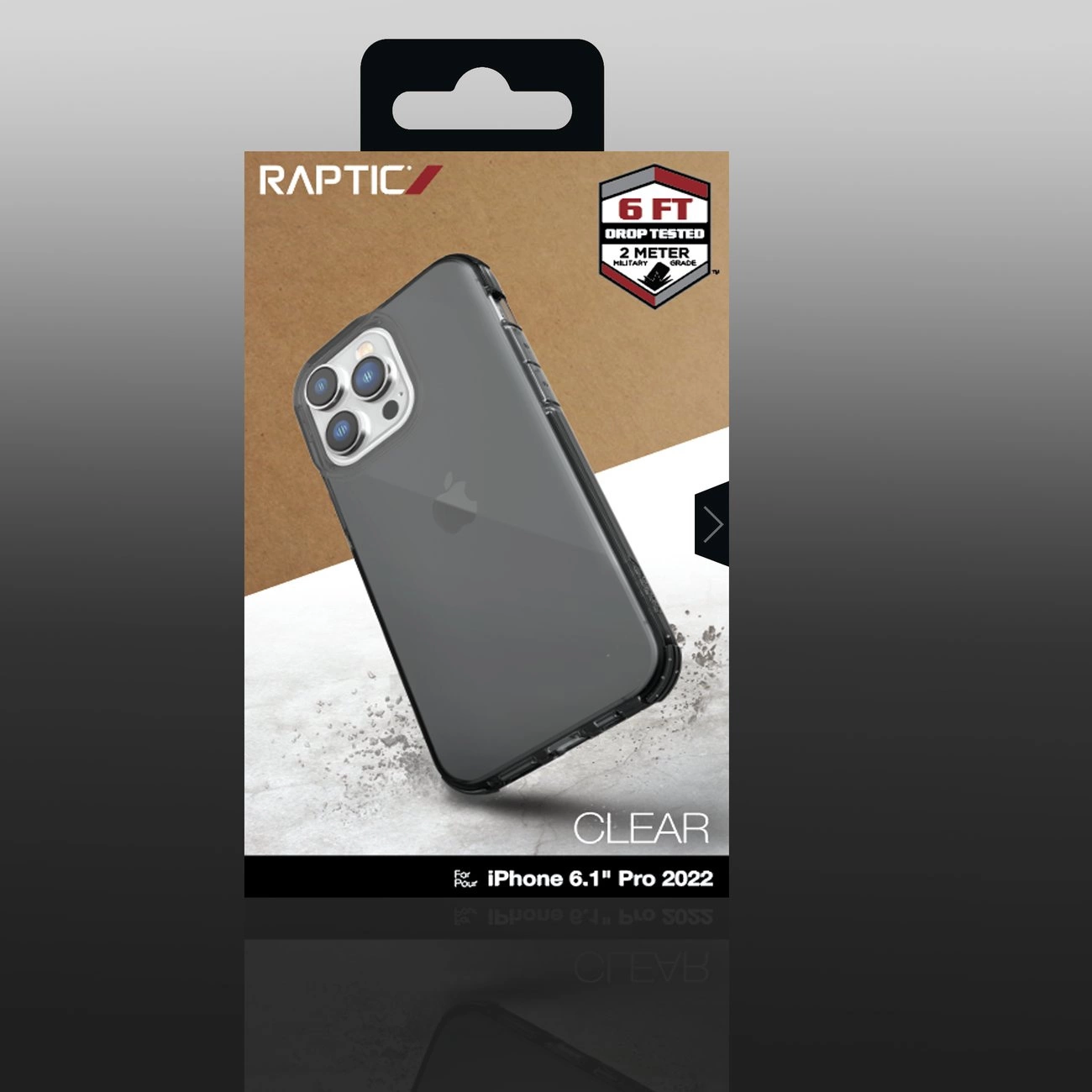 Confezione per custodia Raptic Clear iPhone 6.1 Pro 2022 con stemma test caduta.