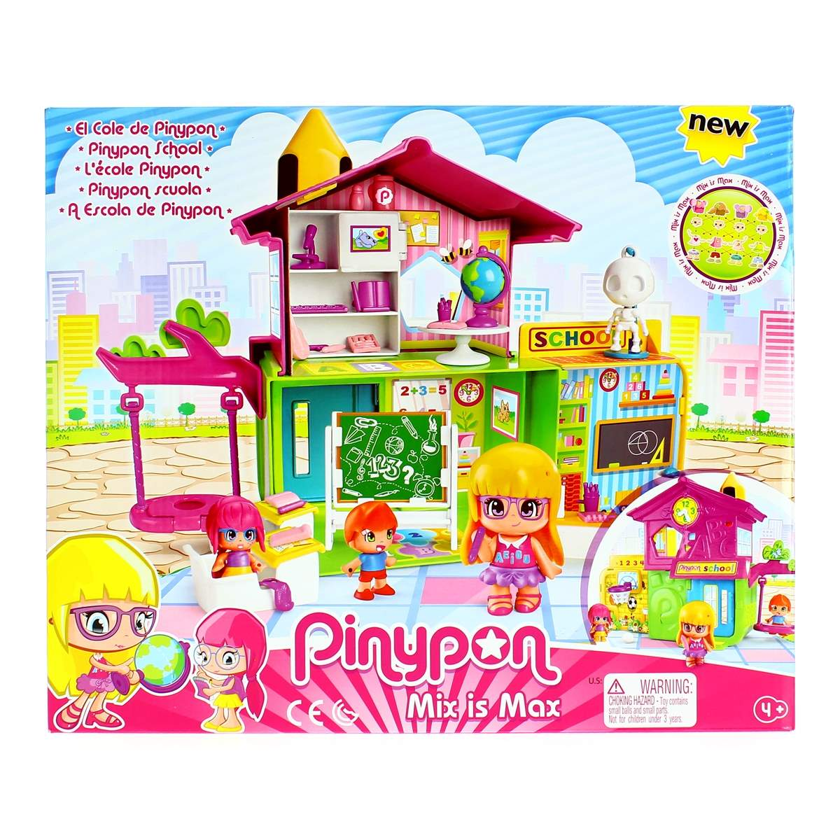 Caja de juego escolar Pinypon colorida con muñecas, aula, columpio y accesorios sobre fondo de ciudad.