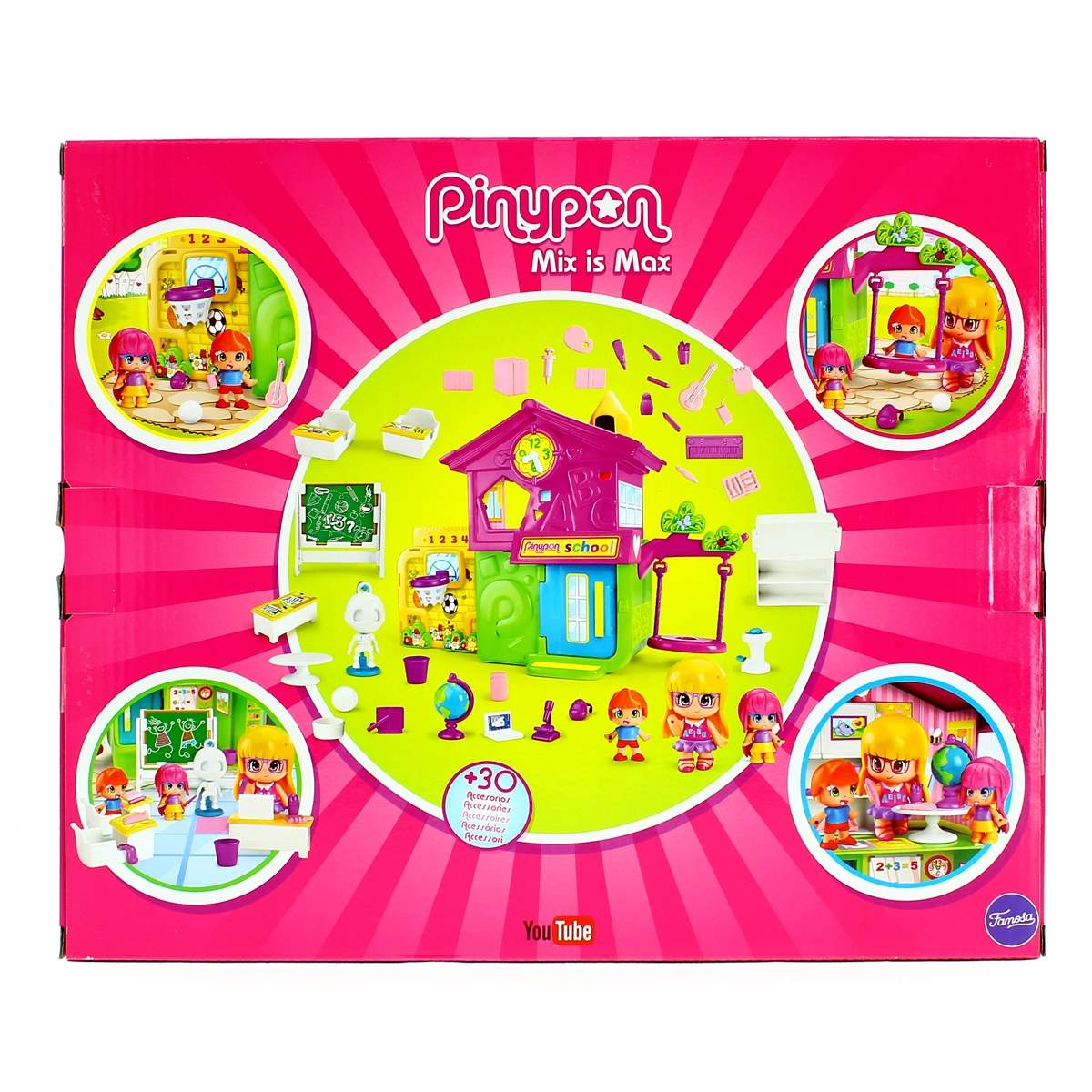 Set de juego escolar Pinypon Mix is Max con figuras, edificio escolar y accesorios sobre fondo rosa.