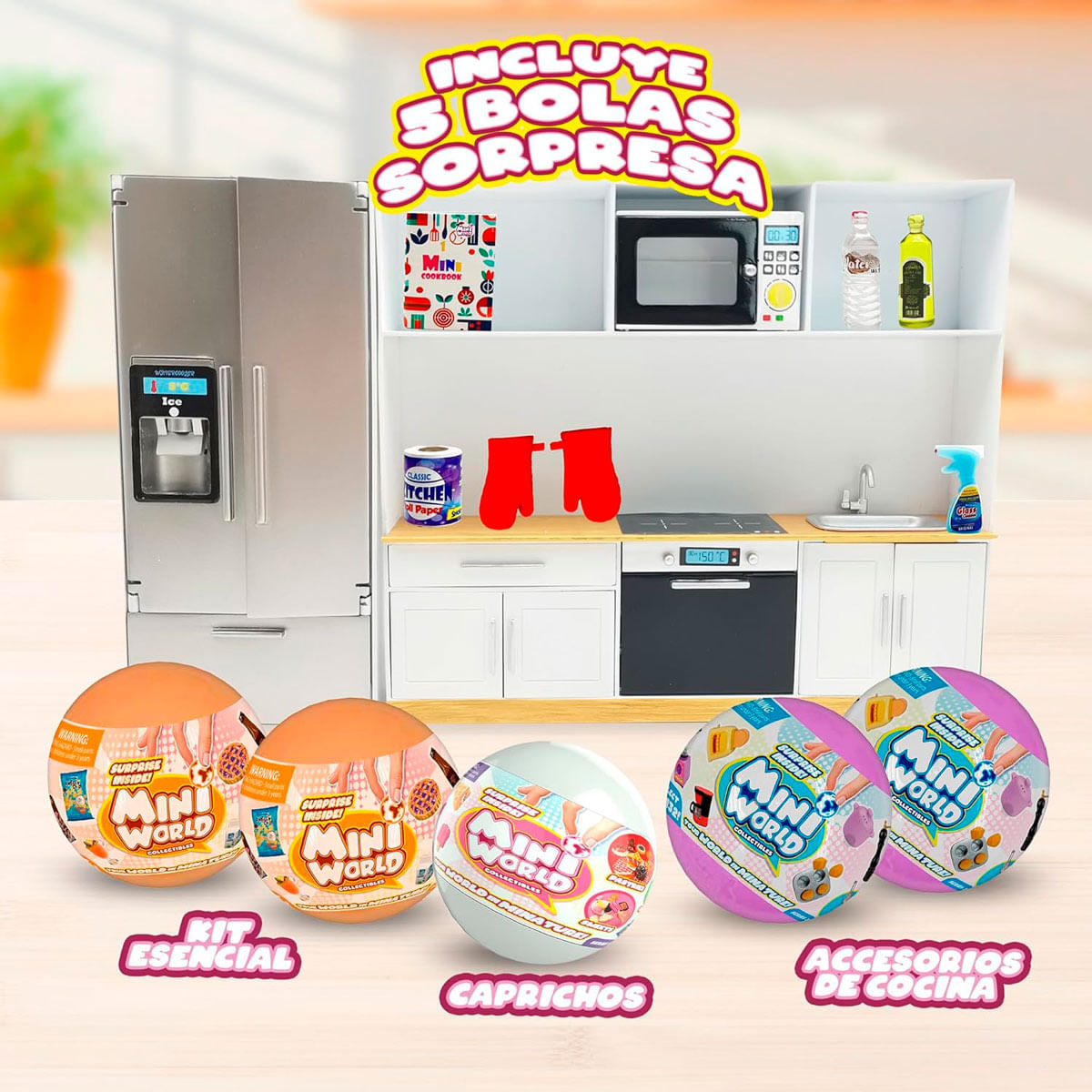 Un juego de cocina de juguete con nevera, mostrador y cinco bolas sorpresa de Mini World.