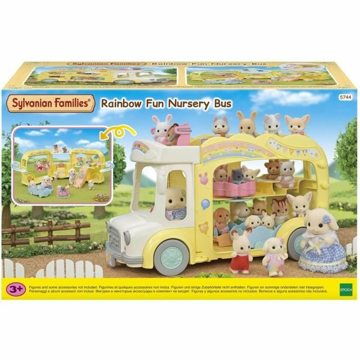 Juego de autobús escolar Sylvanian Families con autobús amarillo, figuras y accesorios en un prado.