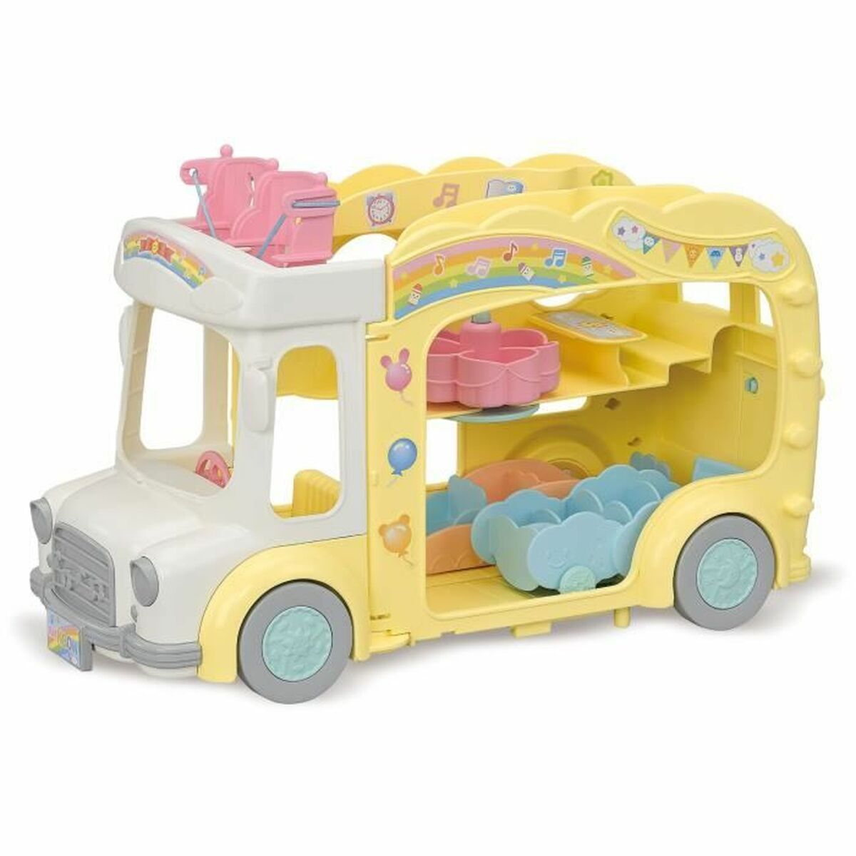 Un autobús de juguete amarillo pastel y blanco con techo abierto, asientos, mesa y pegatinas de arcoíris.