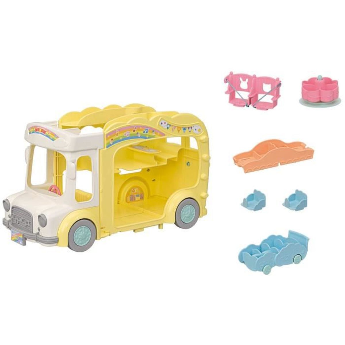 Un autobús de juguete amarillo con diseño de arcoíris y varios accesorios coloridos sobre fondo blanco.