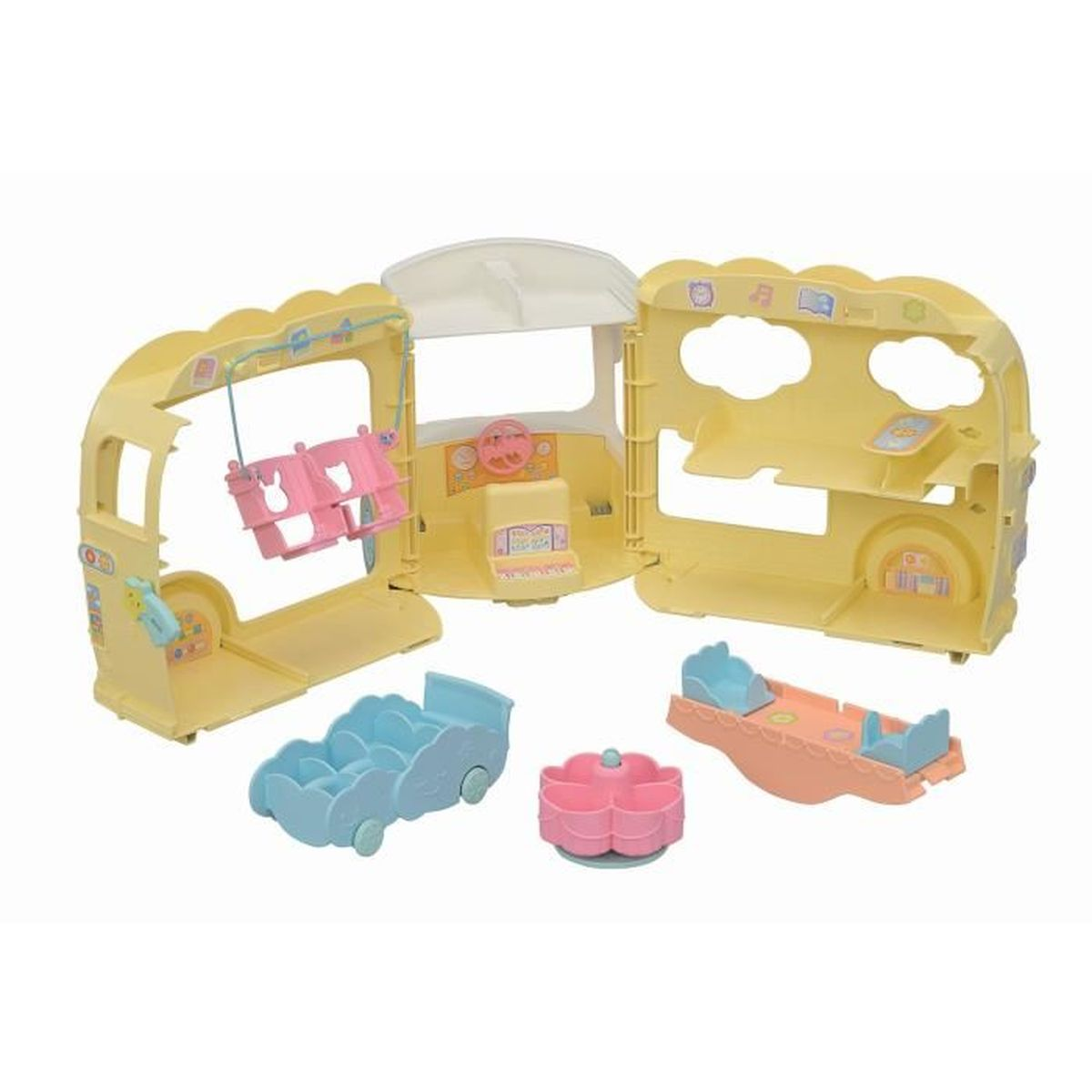 Un juego de juguetes amarillo pastel se abre, mostrando un columpio, asientos, un carro azul, un tiovivo rosa y un balancín.
