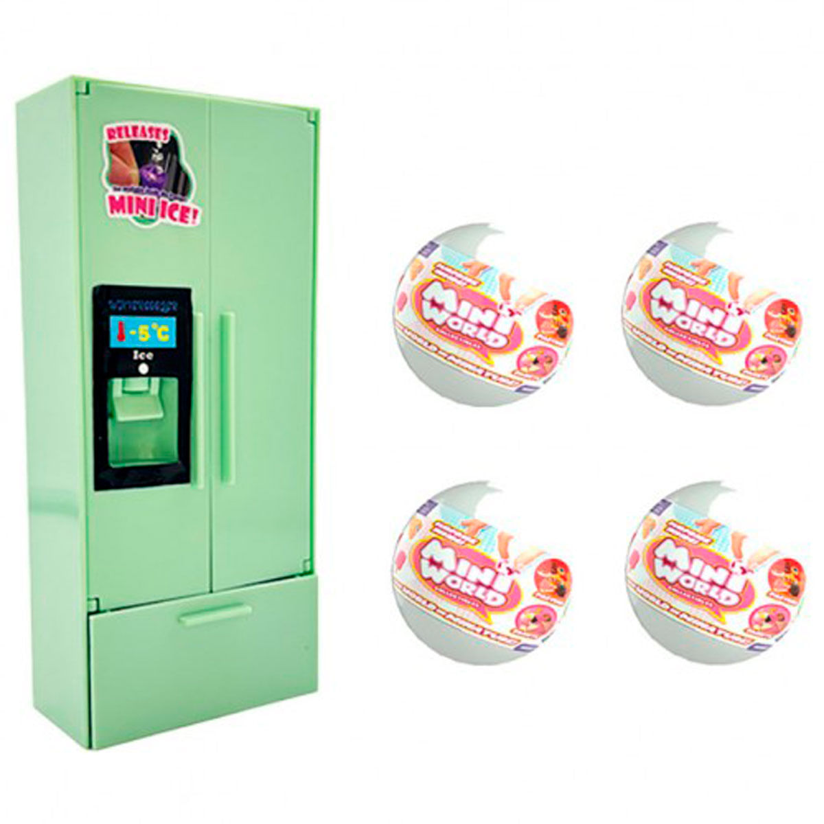 Un refrigerador de juguete verde junto a cuatro esferas sorpresa "Mini World" sobre un fondo blanco.