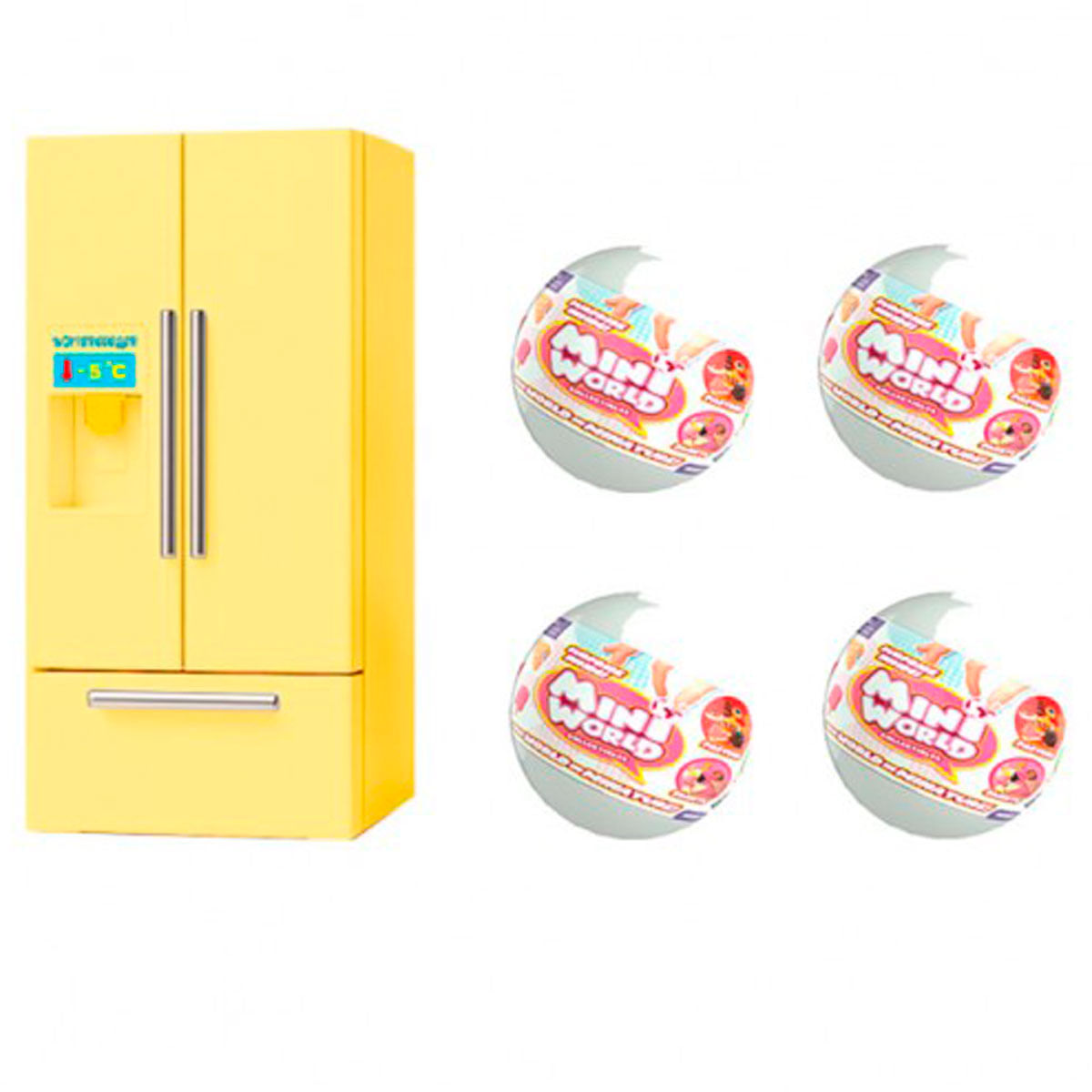 Un refrigerador de juguete amarillo junto a cuatro bolas del mini mundo.
