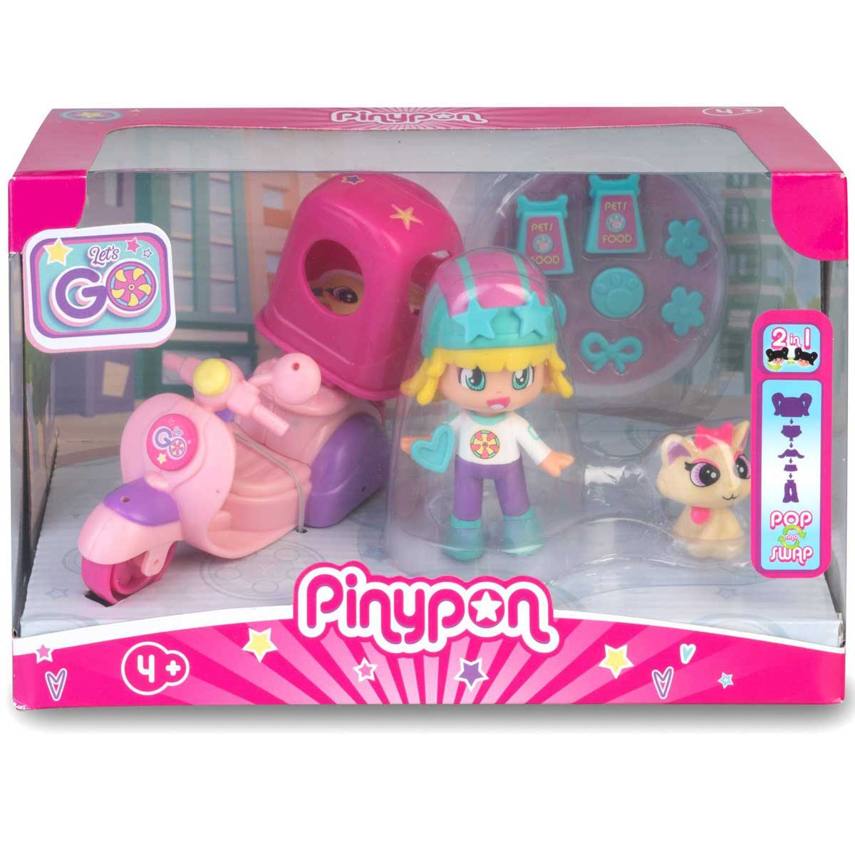 Set de juguete Pinypon con muñeca, gato, moto rosa y accesorios en su caja.