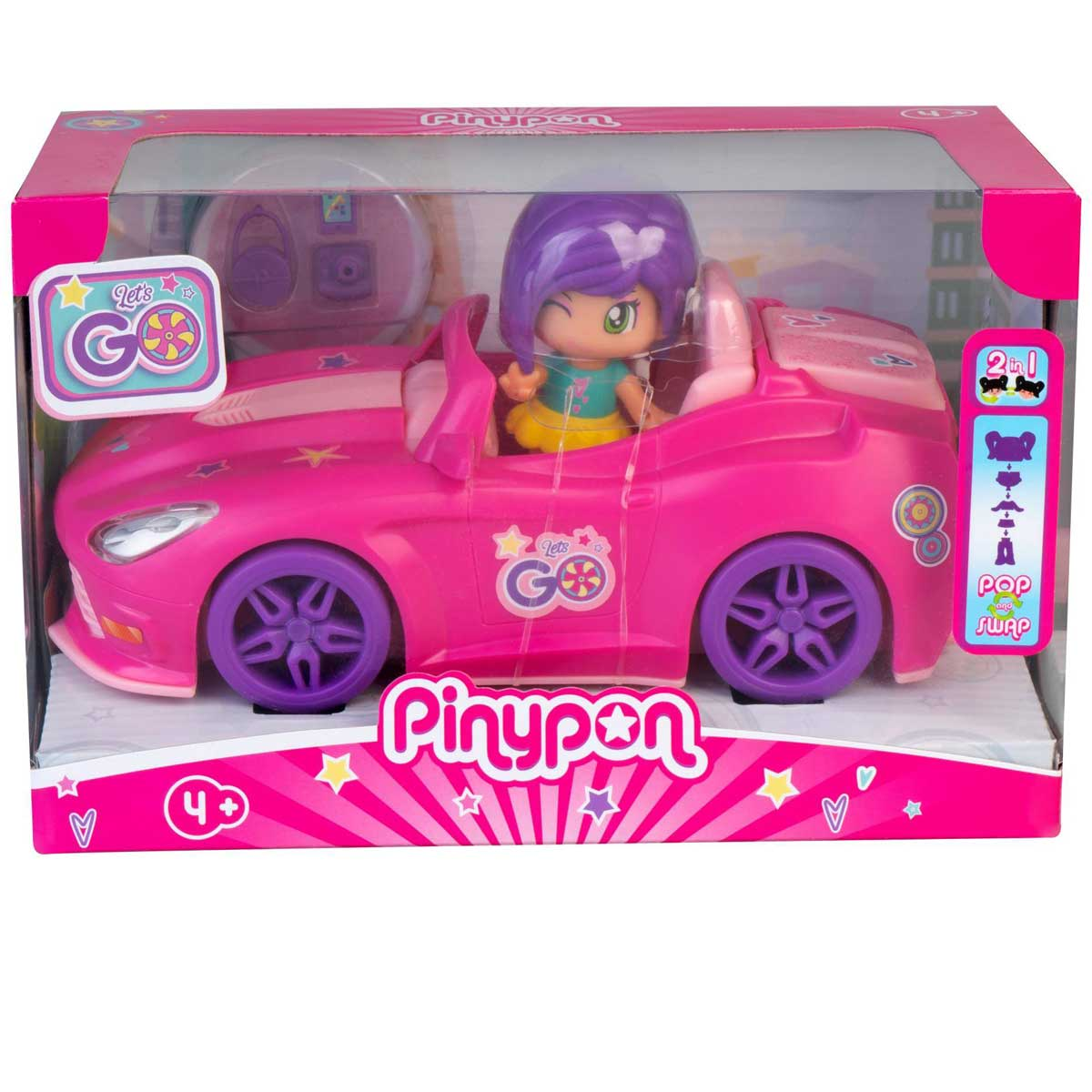 Una caja de juguete Pinypon rosa con un coche descapotable rosa y una muñeca de pelo morado.