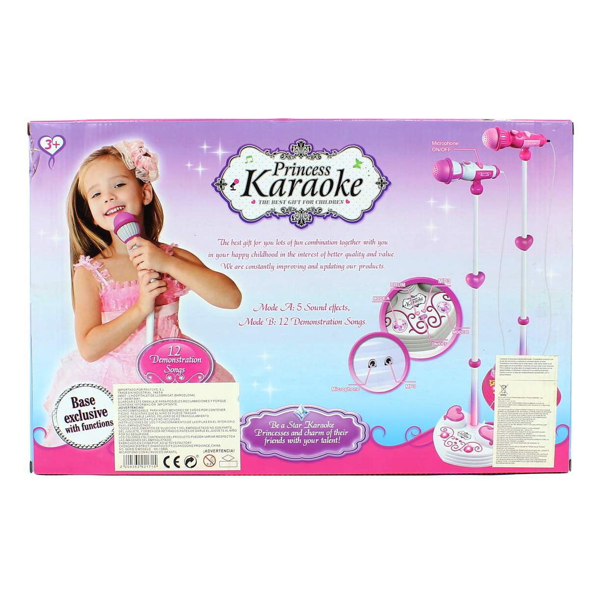 Caja de juguete Princess Karaoke rosa con una niña sonriendo y un soporte de micrófono.