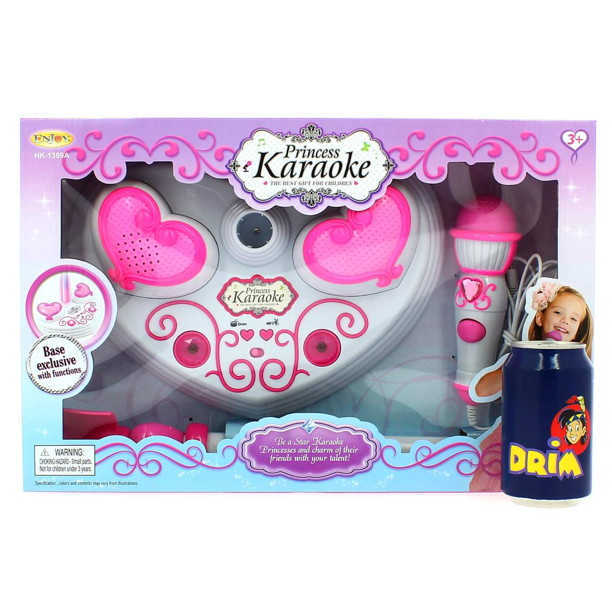 Set de karaoke de princesa empaquetado con micrófono, altavoces en forma de corazón y lata azul.