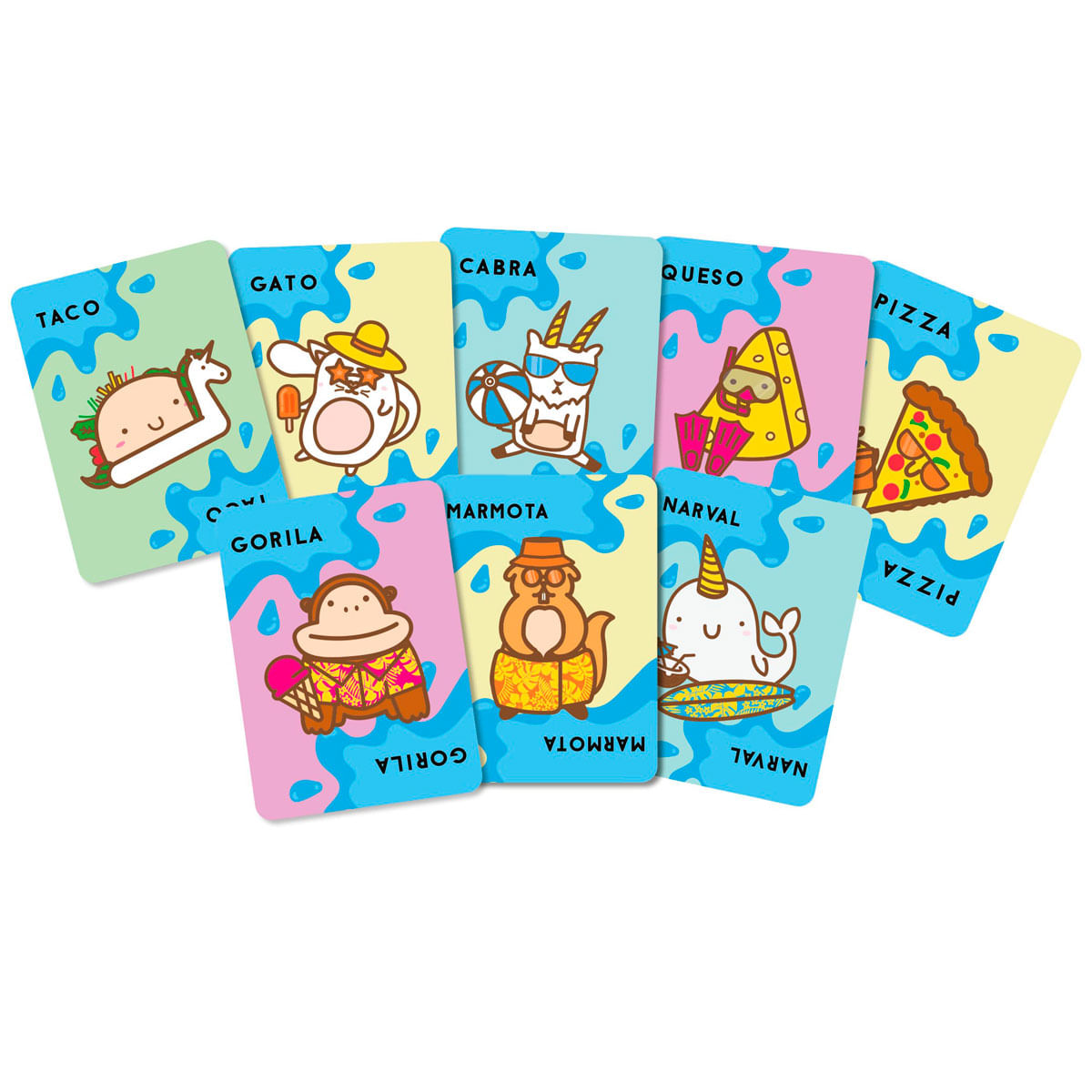 Cartas coloridas con lindos personajes animales y etiquetas como taco, gato y pizza sobre fondo blanco.