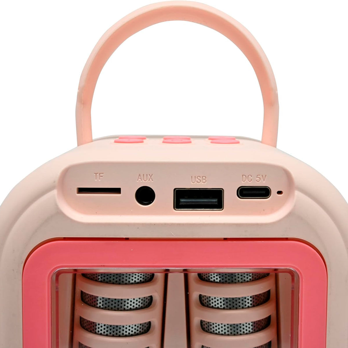 Altavoz portátil rosa con puertos TF, AUX, USB y DC 5V.