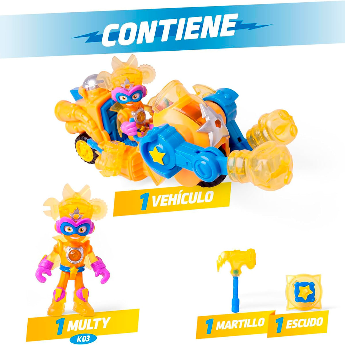Un juego de juguetes de superhéroe amarillo con vehículo, figura Multy, martillo y escudo.