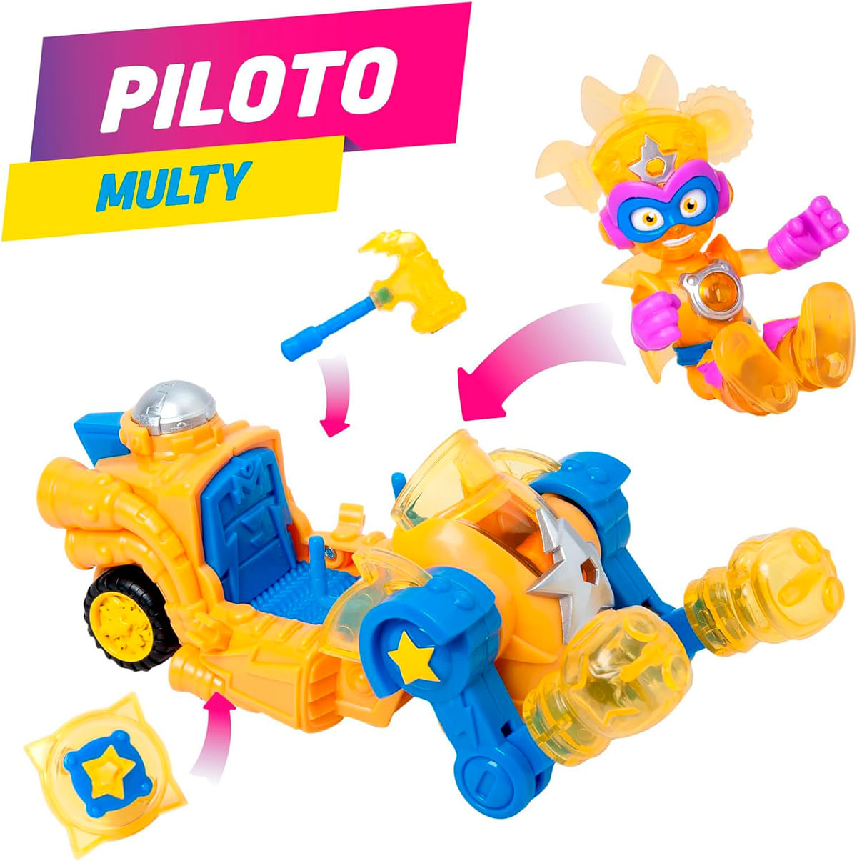 Coche de juguete Superthing amarillo con figura de piloto, martillo y accesorios sobre fondo blanco.