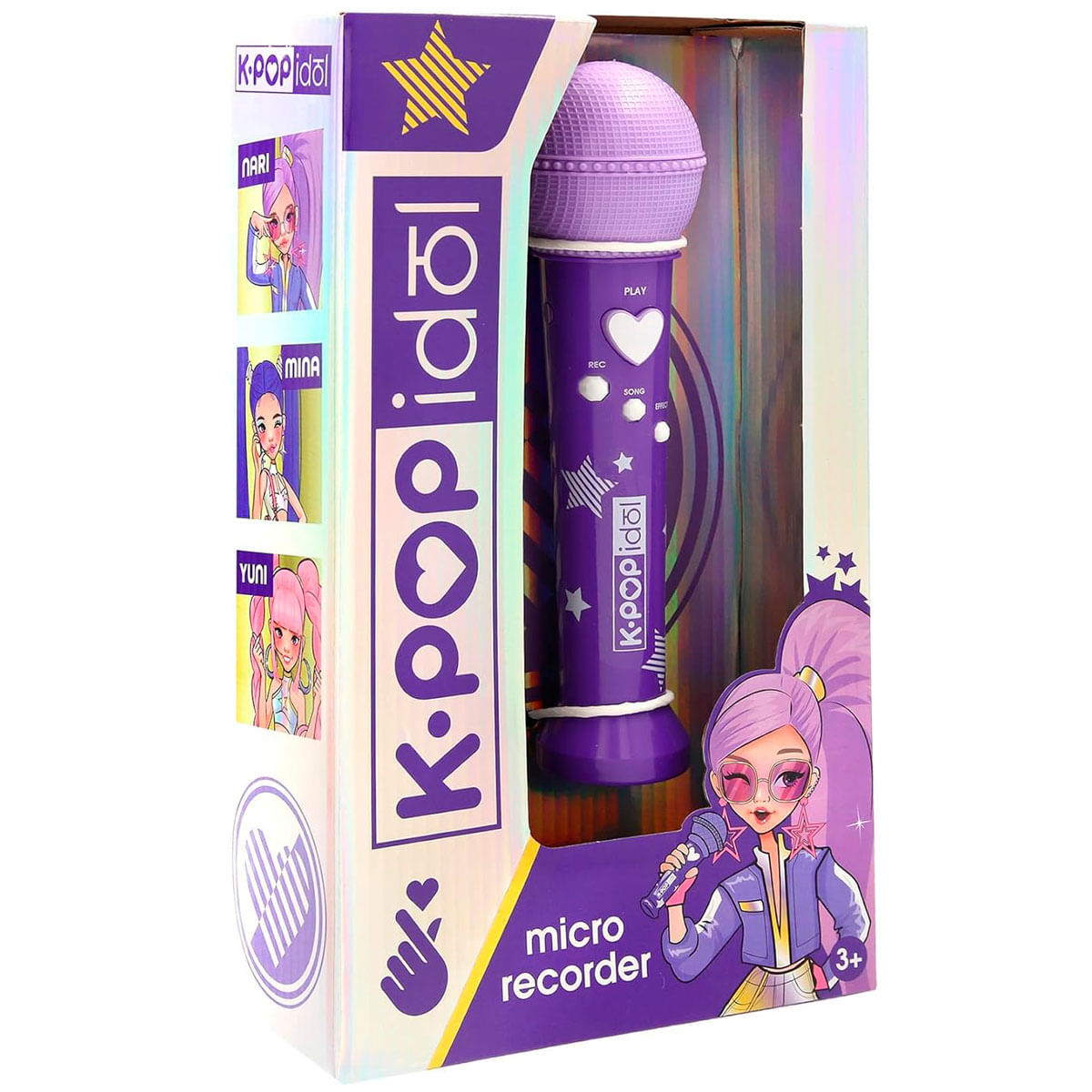 Micrófono de juguete morado K-Pop Idol Micro Recorder en caja con gráficos de personajes.