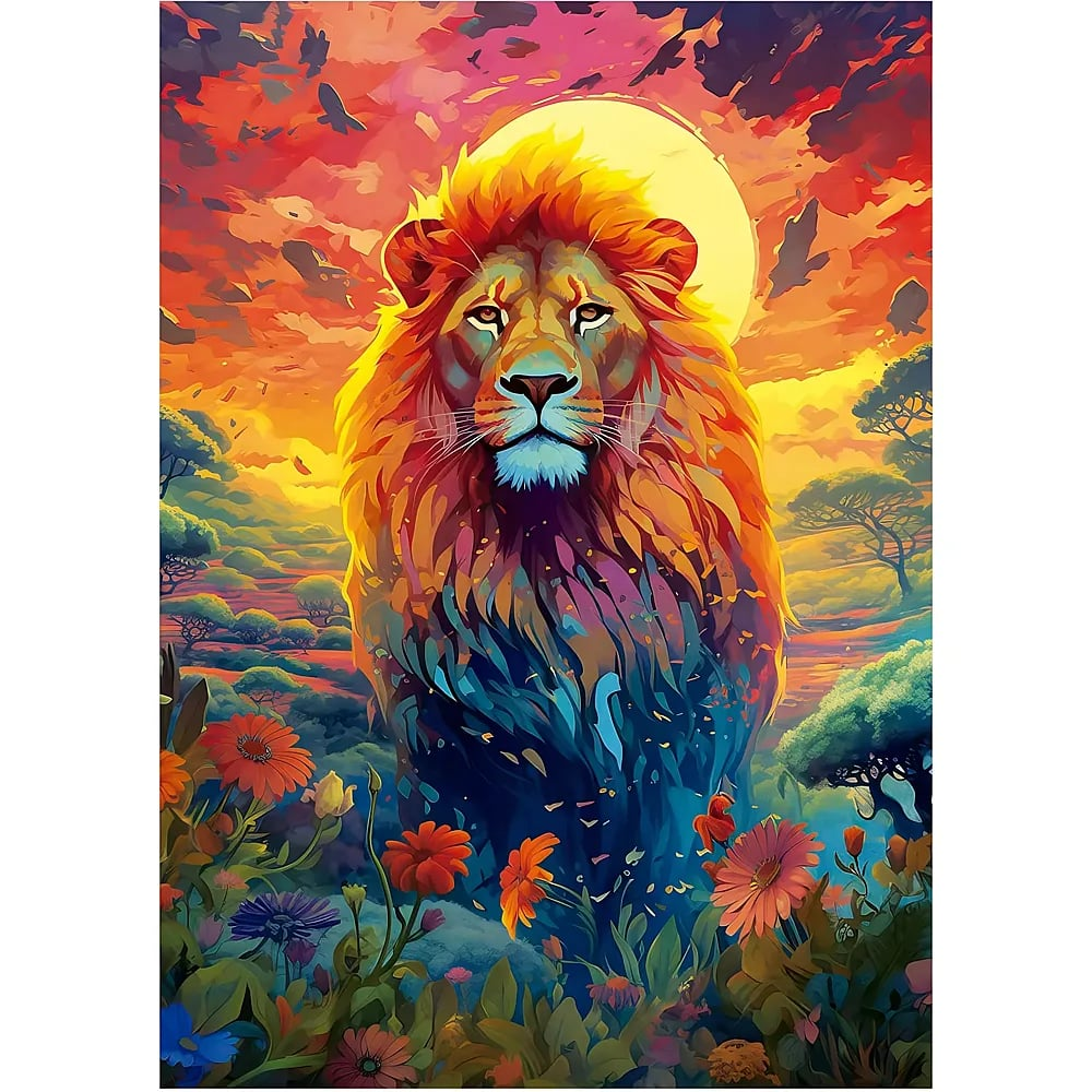 Una colorida pintura de un león frente a un paisaje vibrante con flores en primer plano y un sol amarillo.