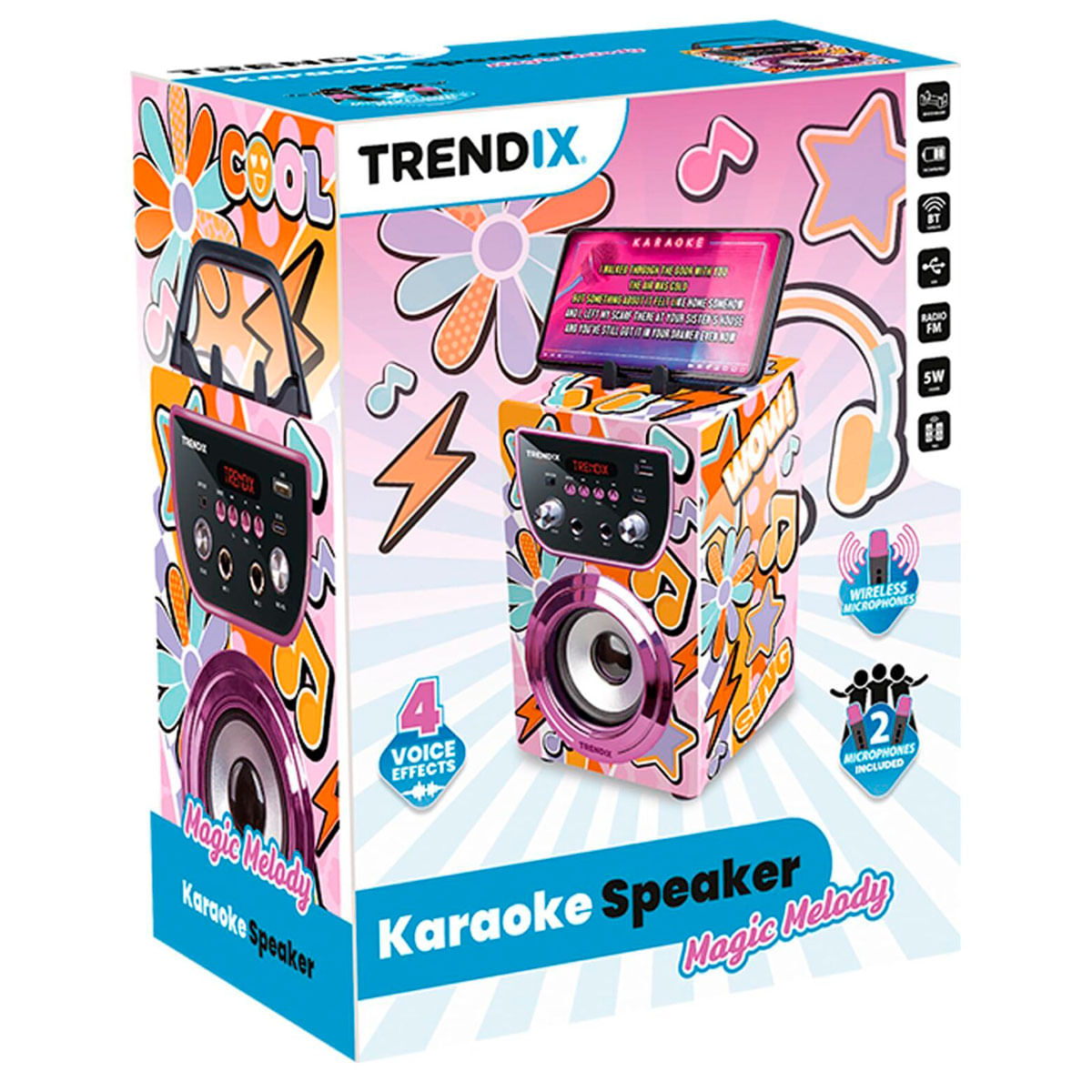 Una colorida caja de altavoz de karaoke rosa Trendix con una tableta encima y gráficos divertidos.