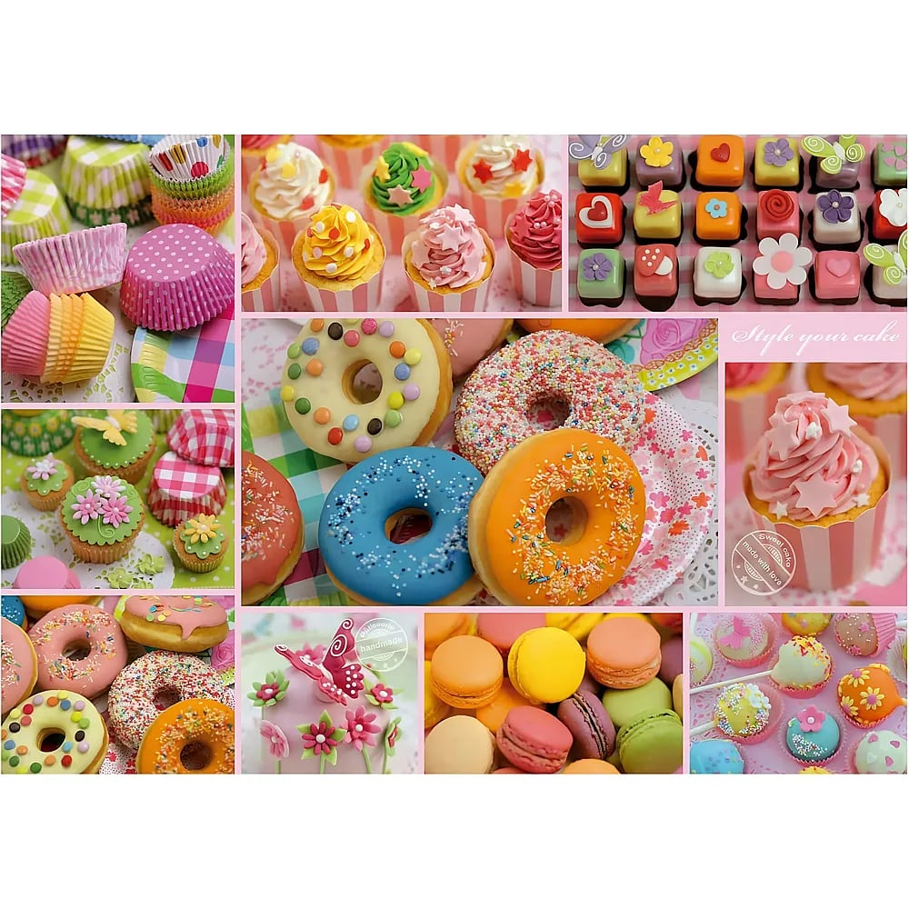 Un colorido collage de varios dulces que incluye pastelitos, donas y macarons.