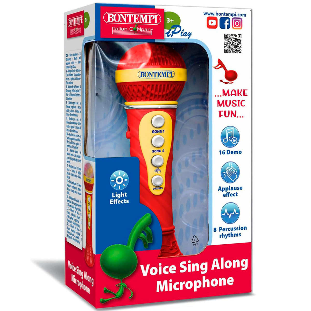 Empaque de un micrófono rojo Bontempi Voice Sing Along con botones blancos y efectos de luz.