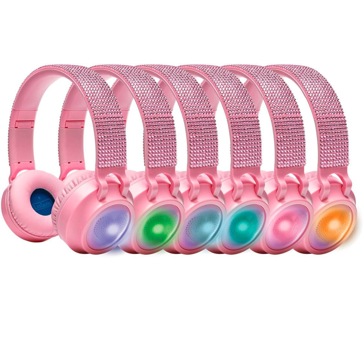 Seis auriculares rosas con diademas de pedrería y orejeras brillantes.