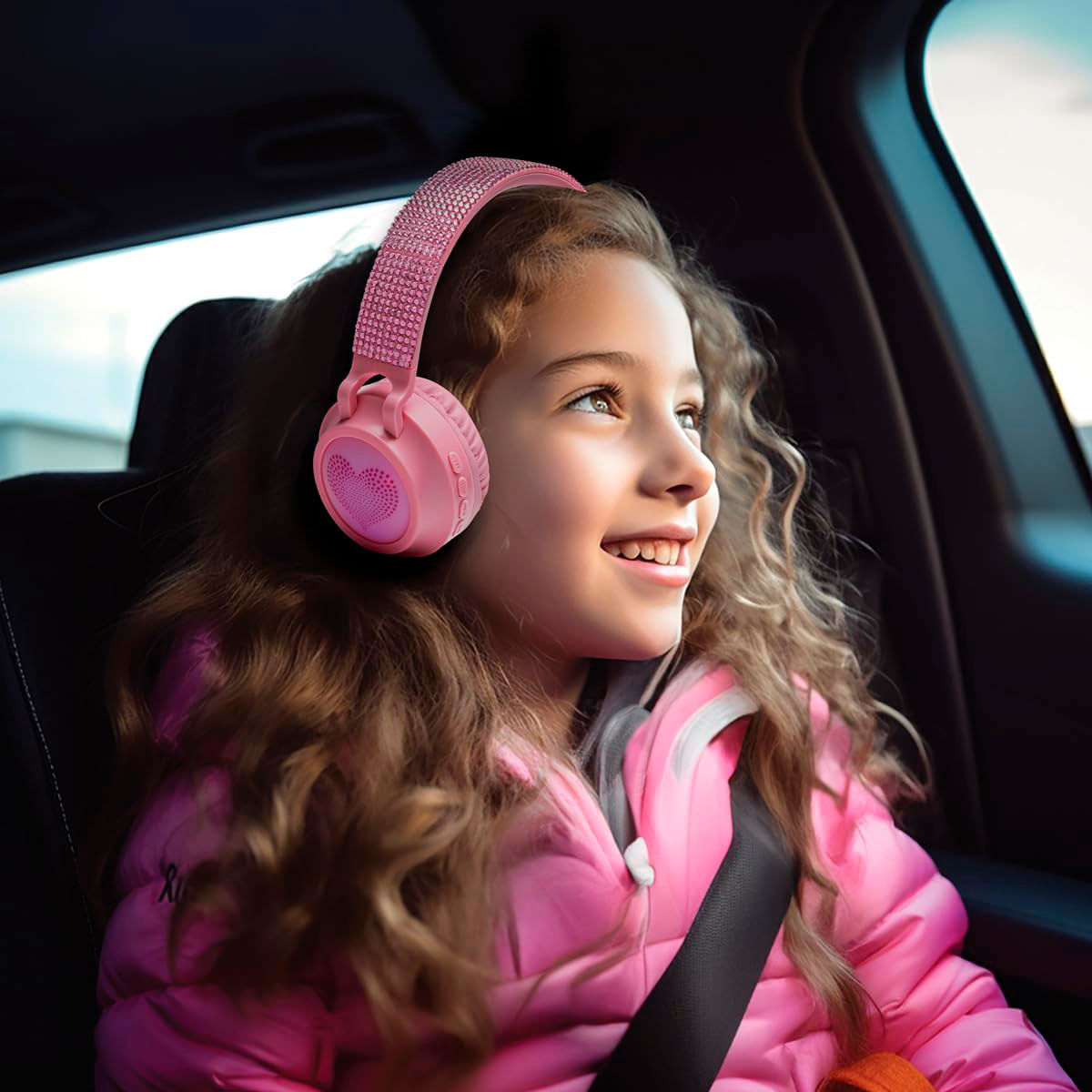 Una niña de cabello rizado con auriculares rosas brillantes está sentada en un auto.