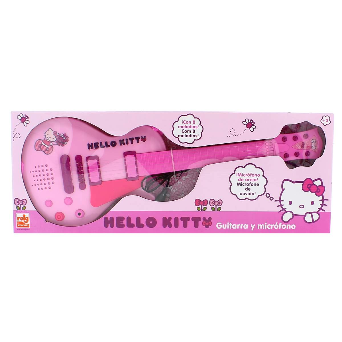 Guitarra de juguete rosa de Hello Kitty en una caja colorida con micrófono.