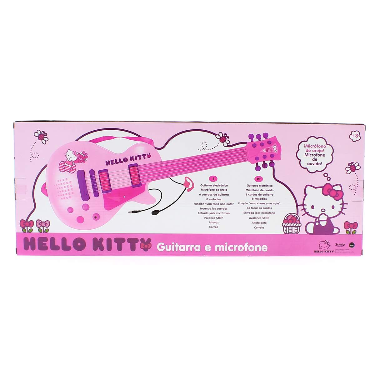Caja de guitarra de juguete rosa de Hello Kitty con imagen y funciones.