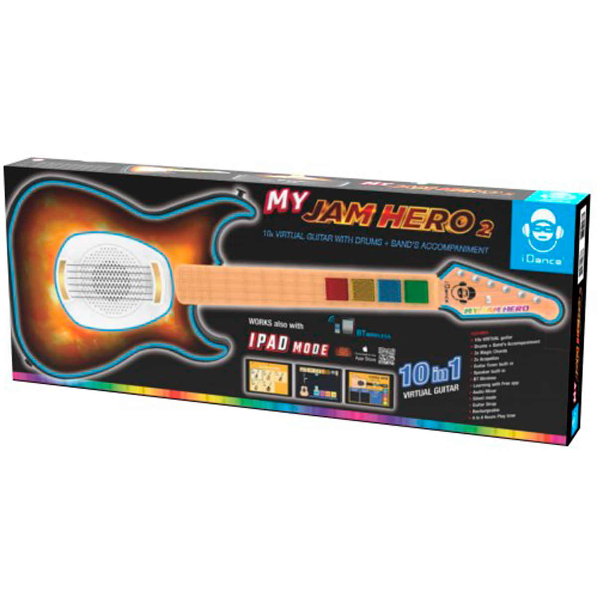 Embalaje de la guitarra de juguete My Jam Hero 2, con botones coloridos y altavoz integrado.