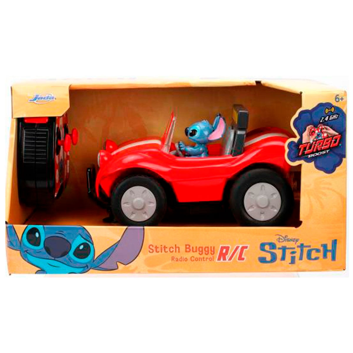 Juguete buggy de control remoto de Stitch en su embalaje con el personaje conduciendo un coche rojo.