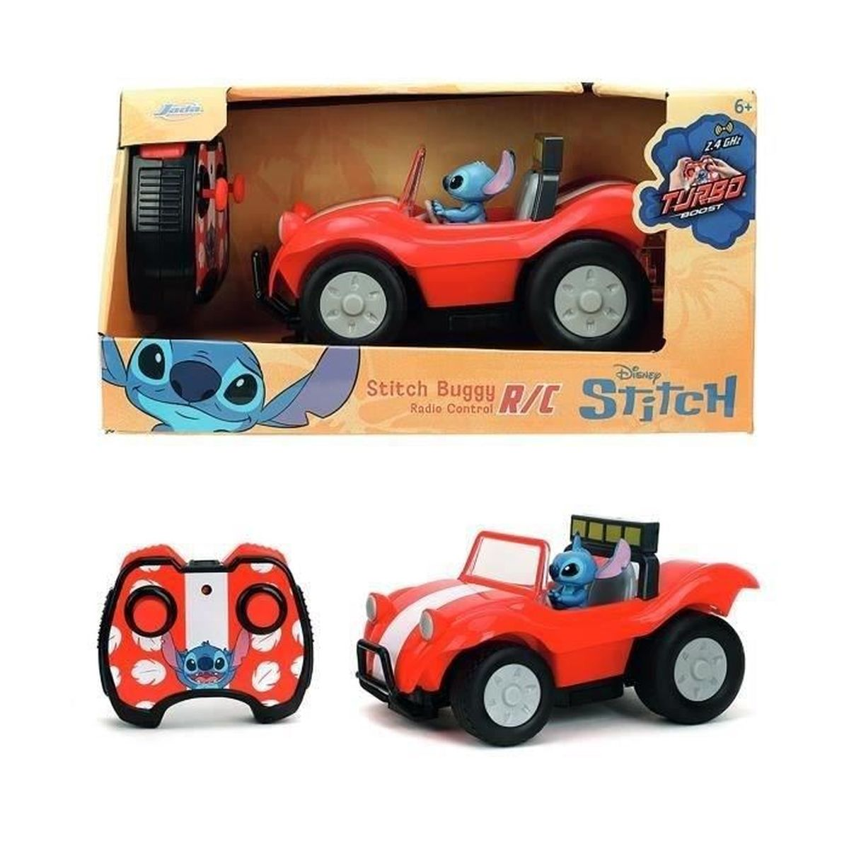 Set de juguete Stitch R/C buggy con coche rojo, figura de Stitch y control remoto en su caja.