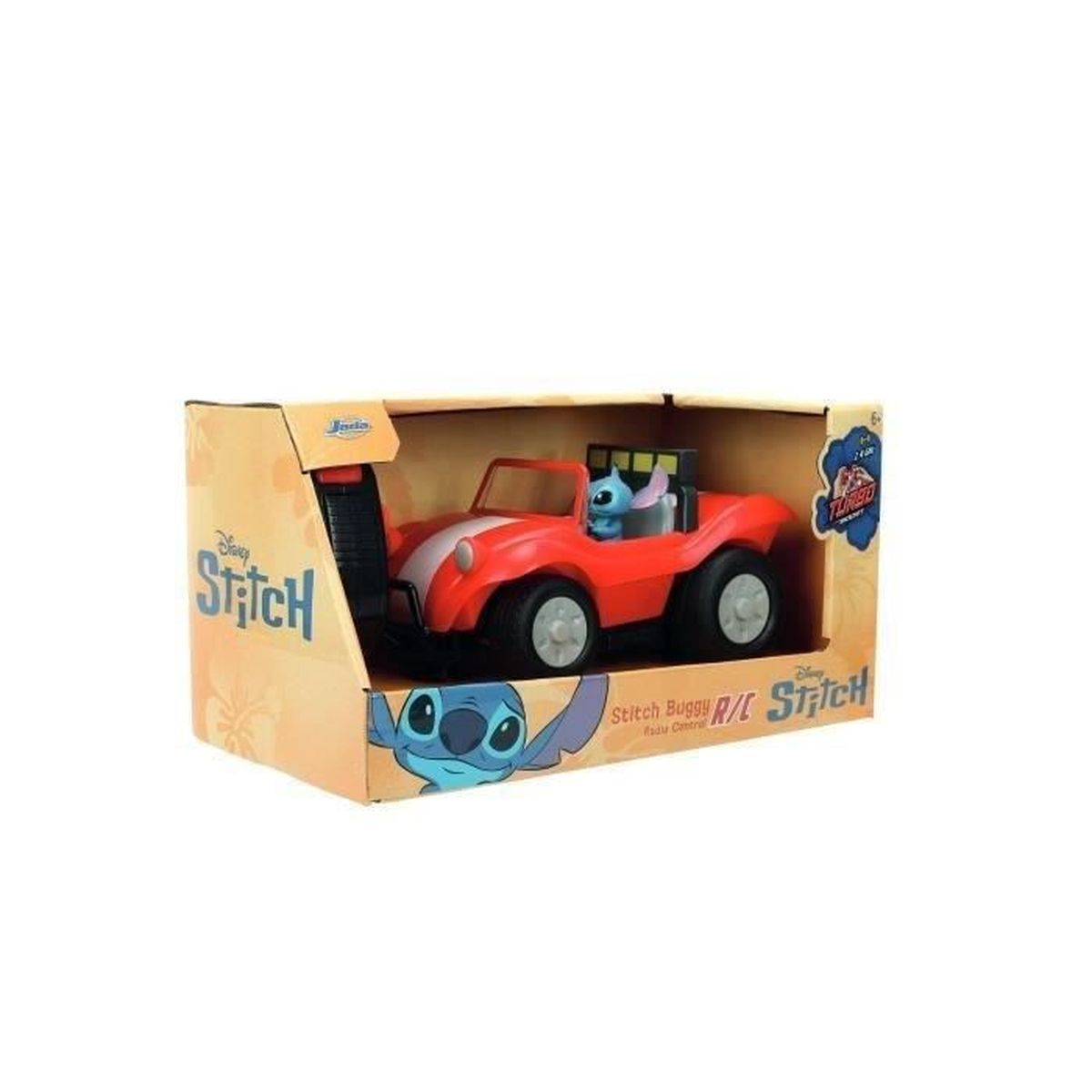 Un juguete de coche RC rojo de Disney Stitch dentro de una caja de cartón abierta.