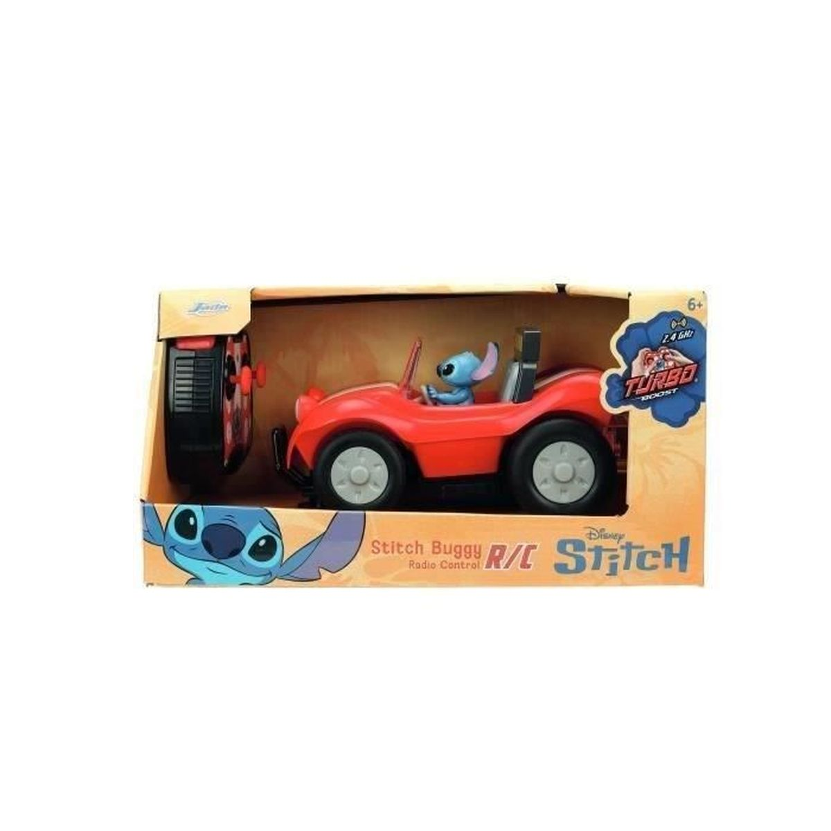 Buggy RC de Stitch en color rojo con control remoto, dentro de su embalaje original.